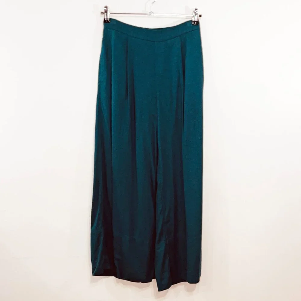 New BR Linen Blend Wide Leg Cropped Pants Teal XXS